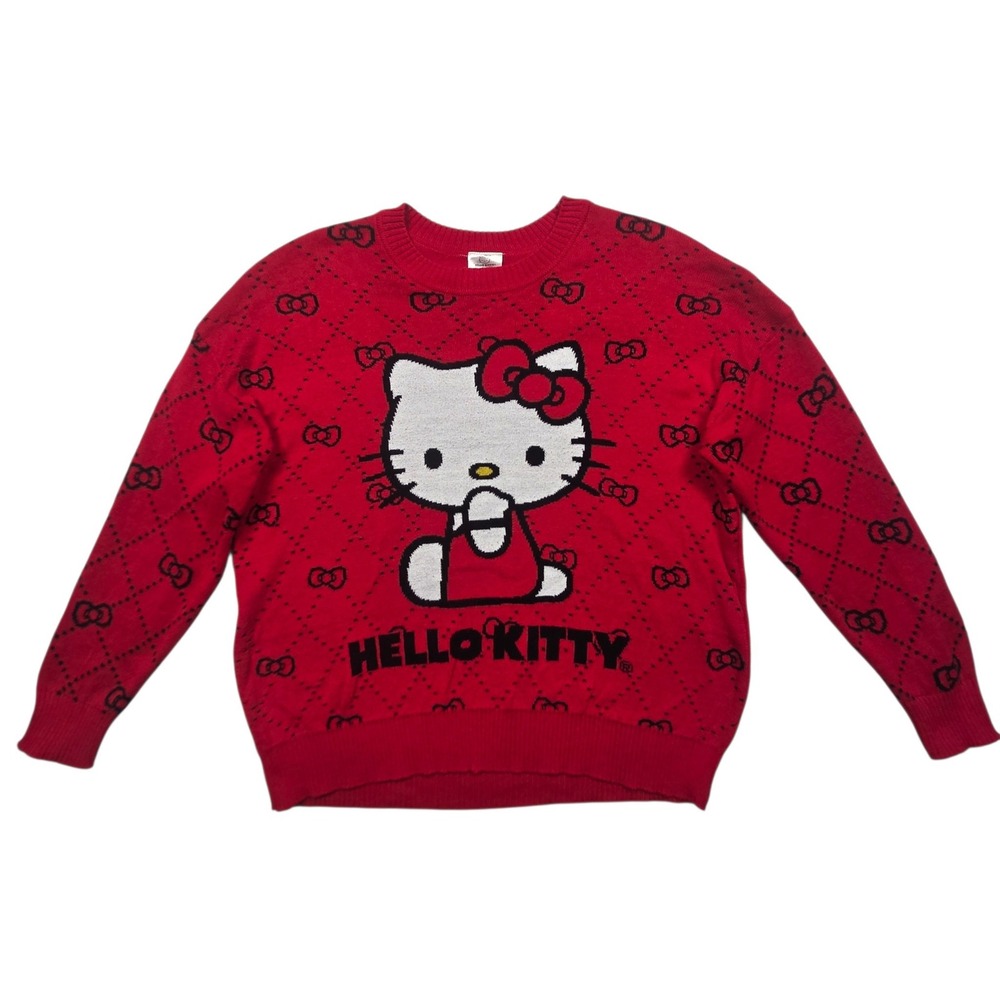 Hello Kitty Sanrio Womens Red Knit Sweater XL Bow Monogram Sweater Hybrid